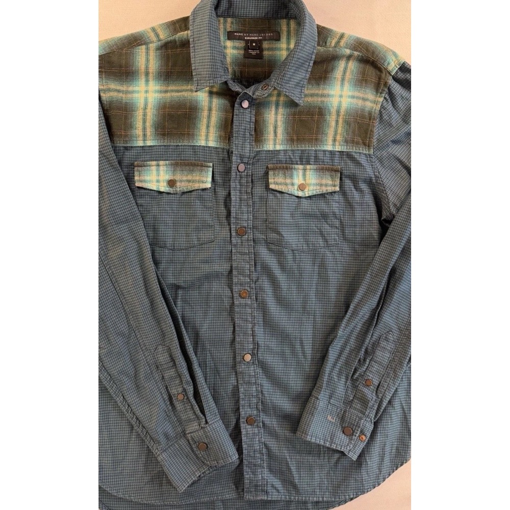 Marc by Marc Jacobs Shrunken Fit Mens Medium Blue Green Plaid Flannel Pockets